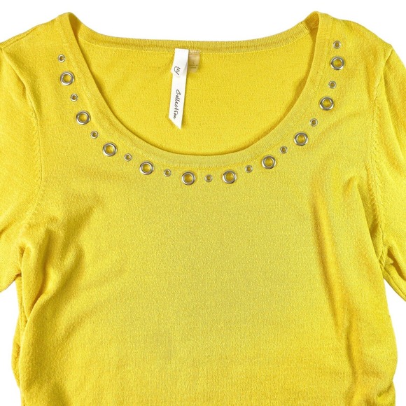 NY Collection Sz Large Women's Sweater Ruching Sleeves Sides Yellow Grommet Neck - Picture 3 of 11